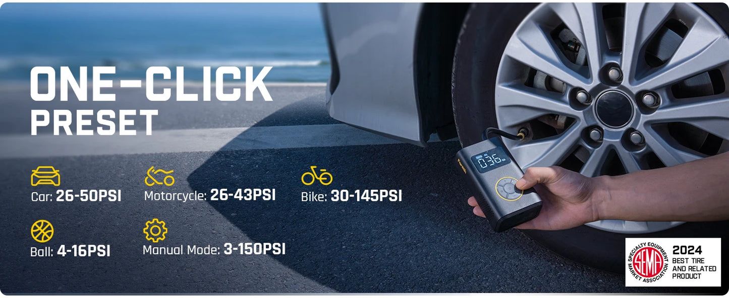 X9 Pro Electric Tire Pump — 1 Min Inflate, Digital Gauge, 150PS