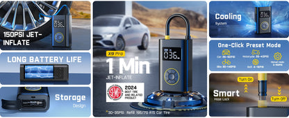 X9 Pro Electric Tire Pump — 1 Min Inflate, Digital Gauge, 150PS
