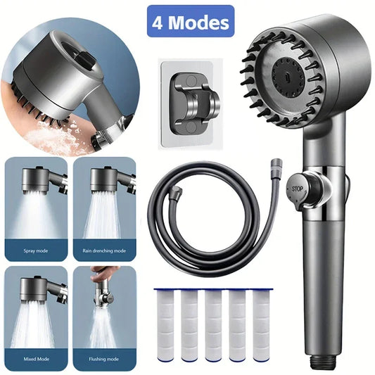 4-Mode High-Pressure Shower Head with Water-Saving Stop