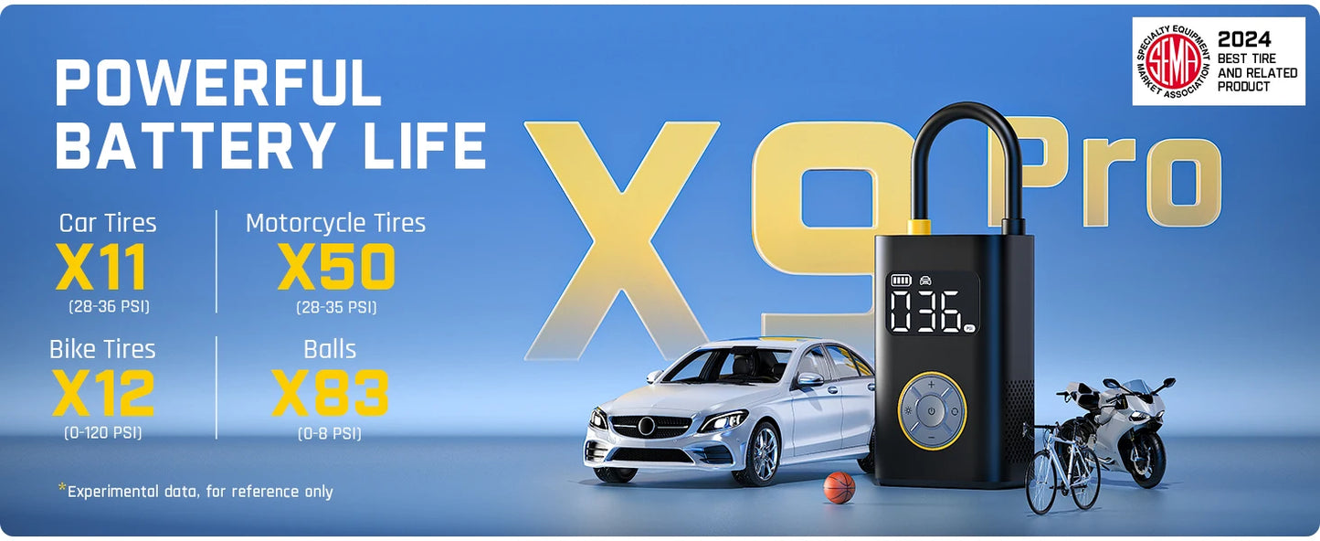 X9 Pro Electric Tire Pump — 1 Min Inflate, Digital Gauge, 150PS